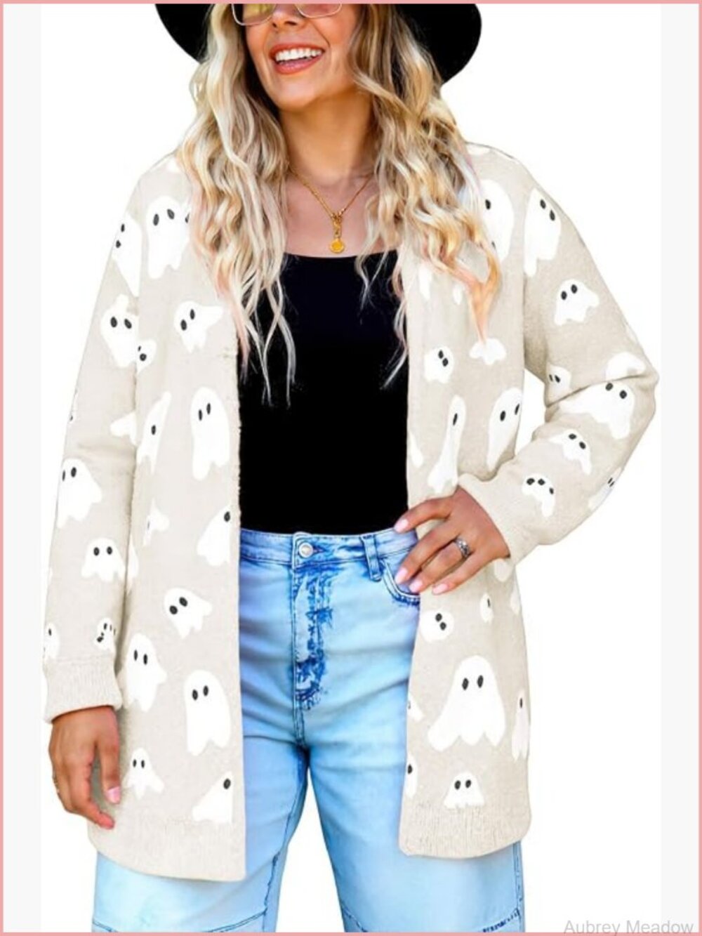 Ghost Print Open Front Long Cardigan Chunky Knit Duster Sweater